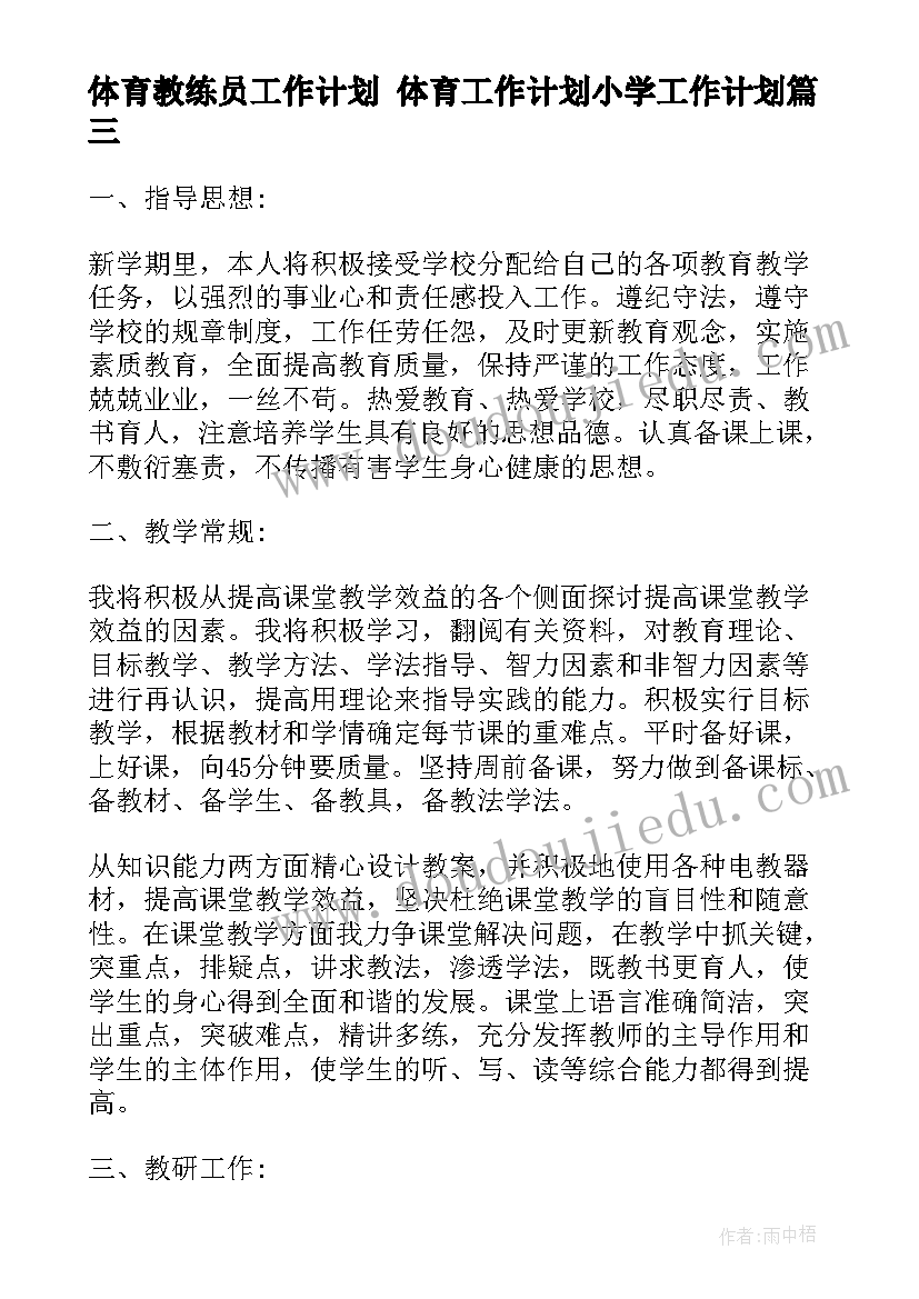 2023年体育教练员工作计划 体育工作计划小学工作计划(实用10篇)