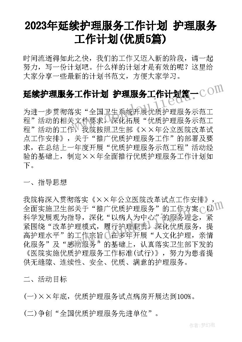 2023年延续护理服务工作计划 护理服务工作计划(优质5篇)