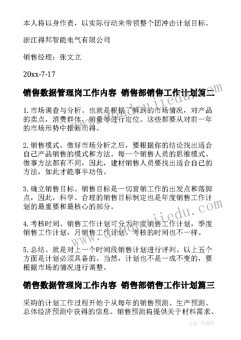 销售数据管理岗工作内容 销售部销售工作计划(优质10篇)