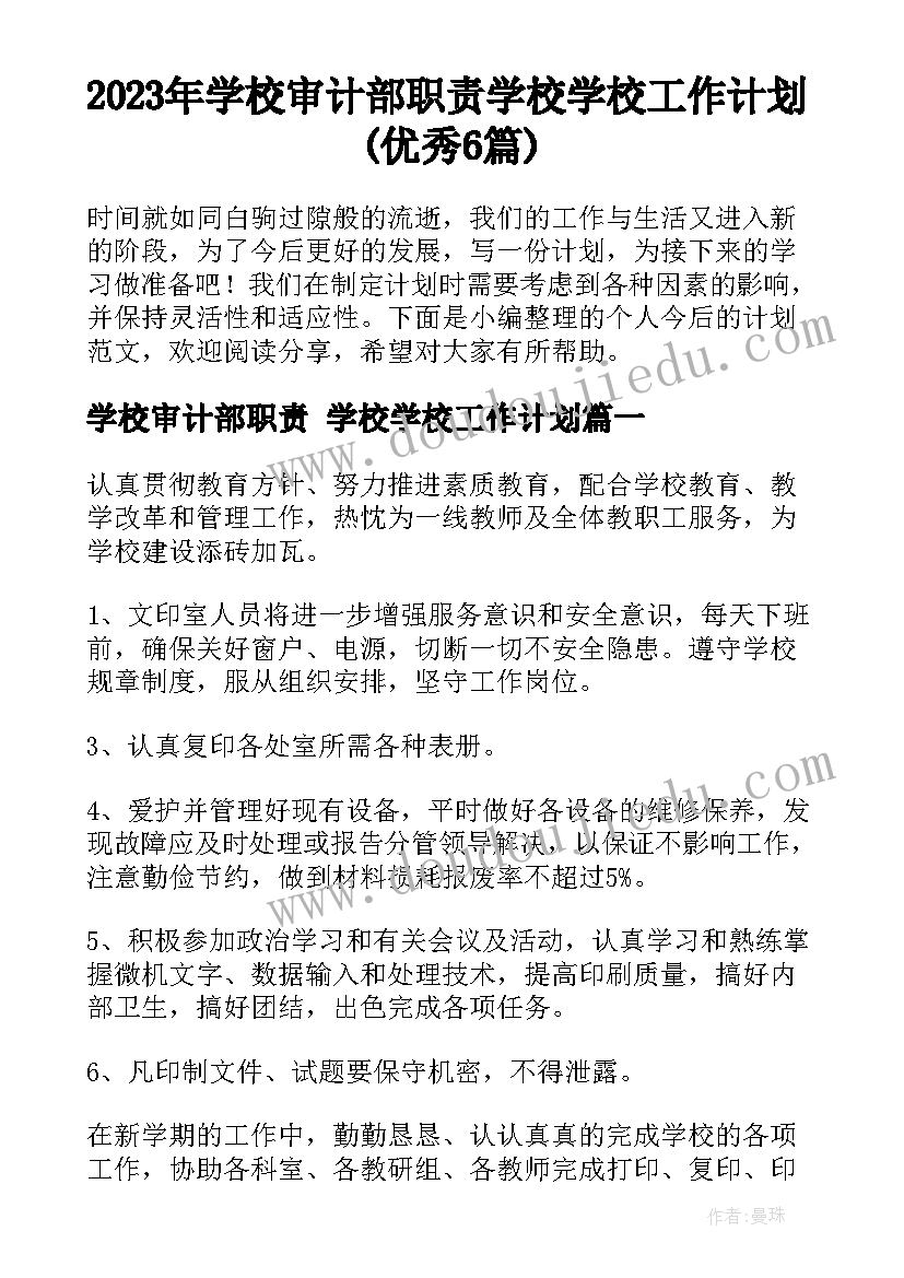 2023年学校审计部职责 学校学校工作计划(优秀6篇)