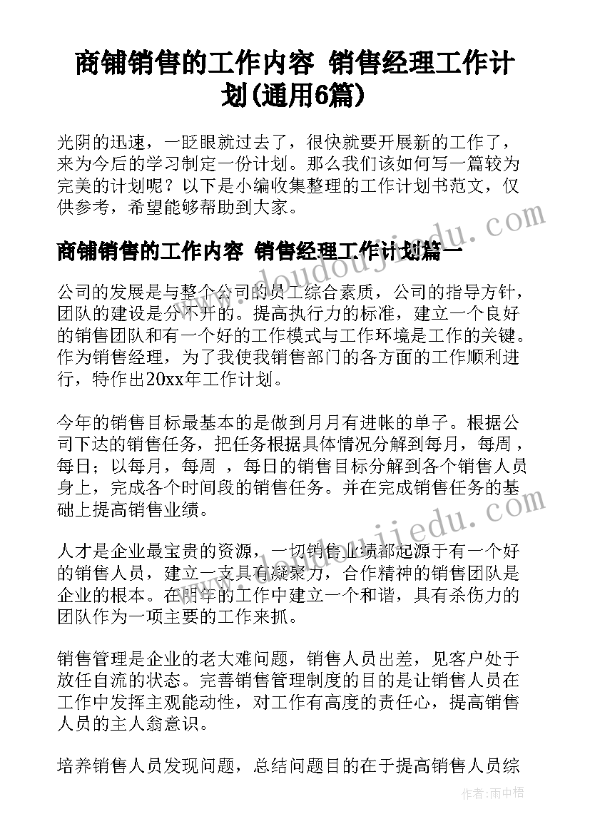 商铺销售的工作内容 销售经理工作计划(通用6篇)