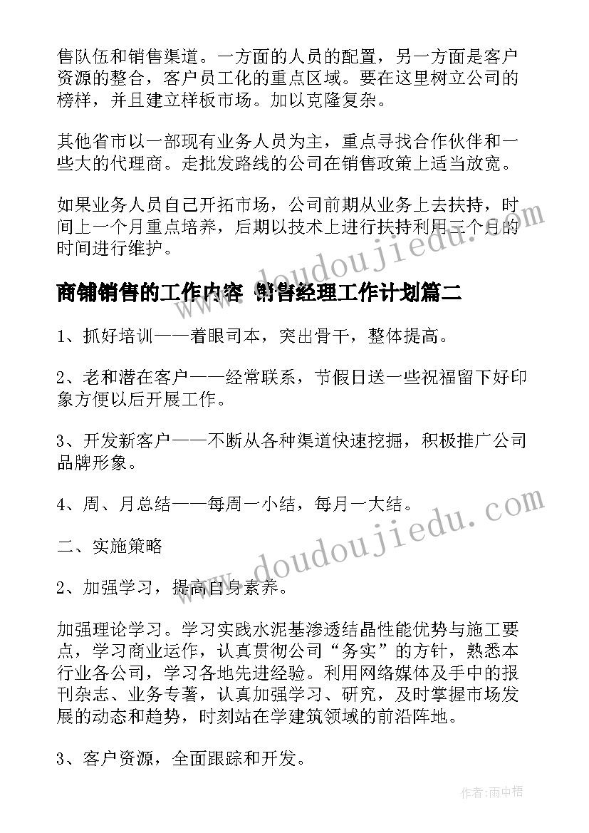 商铺销售的工作内容 销售经理工作计划(通用6篇)