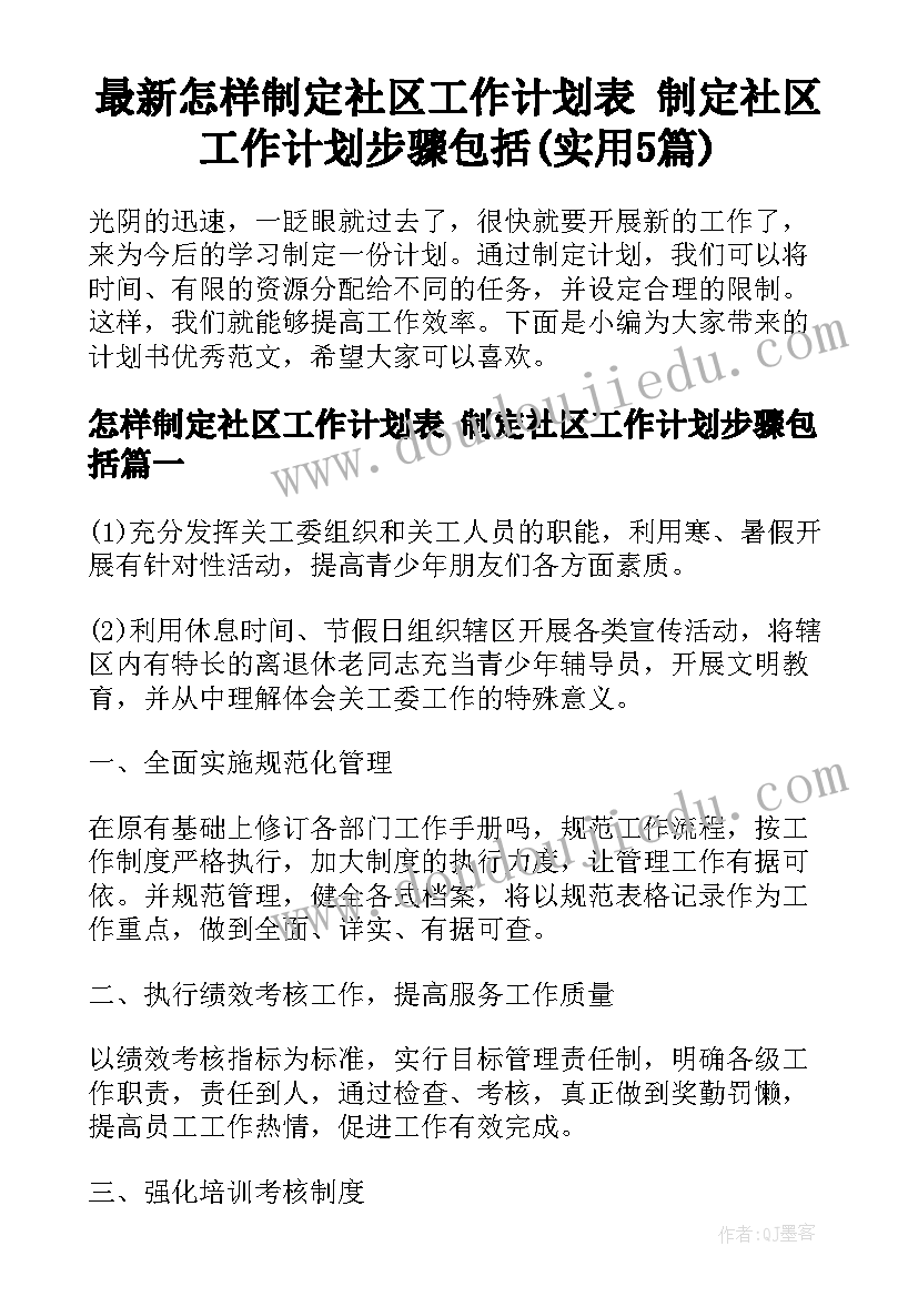 最新怎样制定社区工作计划表 制定社区工作计划步骤包括(实用5篇)