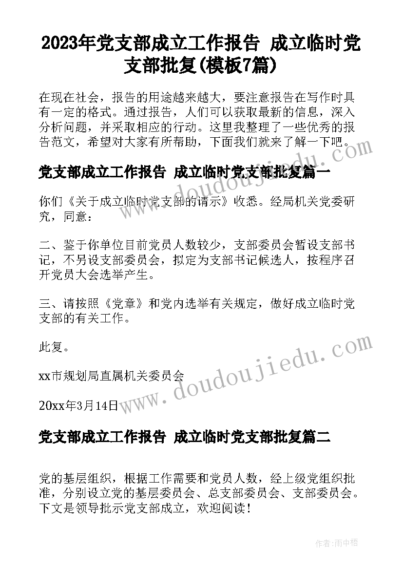 2023年党支部成立工作报告 成立临时党支部批复(模板7篇)