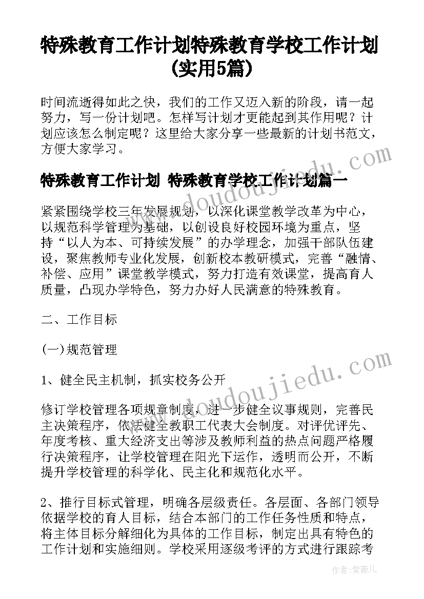 特殊教育工作计划 特殊教育学校工作计划(实用5篇)