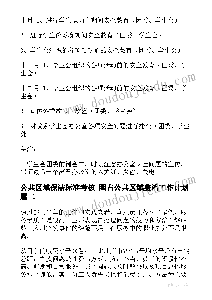 2023年公共区域保洁标准考核 圈占公共区域整治工作计划(通用5篇)