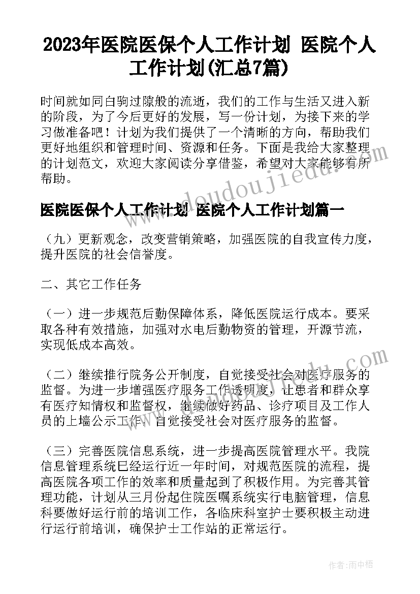 2023年医院医保个人工作计划 医院个人工作计划(汇总7篇)