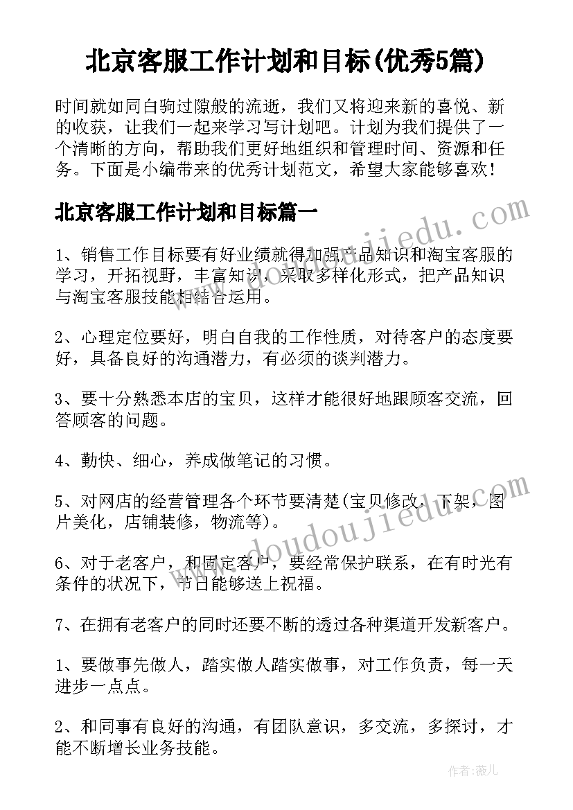 北京客服工作计划和目标(优秀5篇)