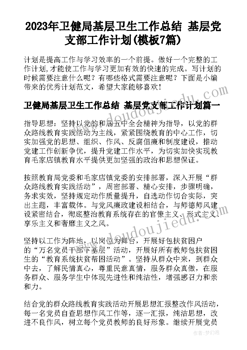 2023年卫健局基层卫生工作总结 基层党支部工作计划(模板7篇)