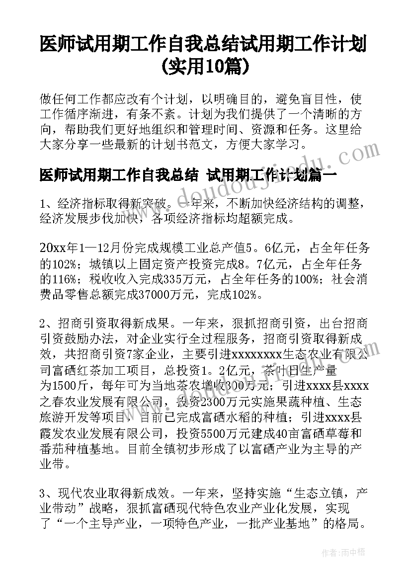 医师试用期工作自我总结 试用期工作计划(实用10篇)