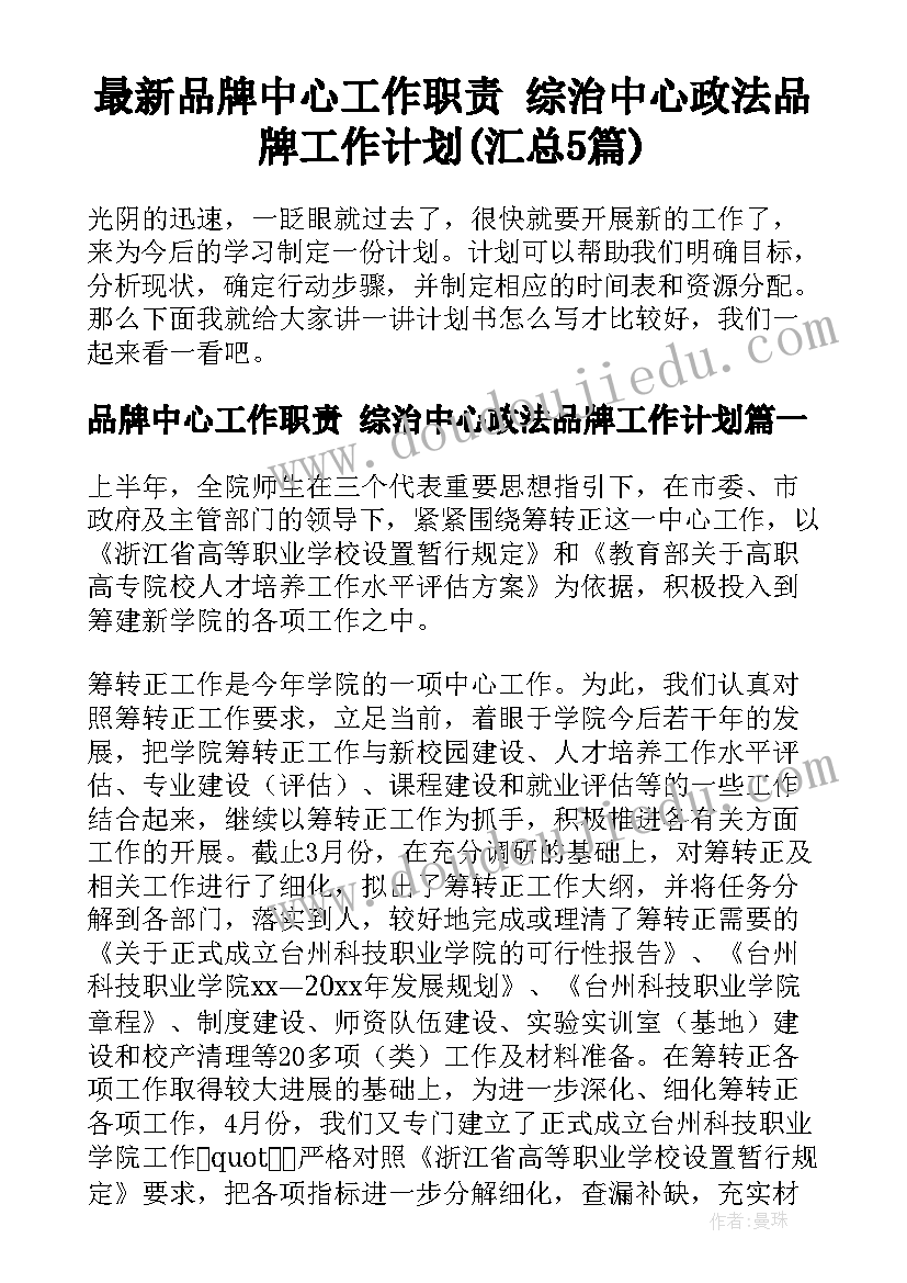 最新品牌中心工作职责 综治中心政法品牌工作计划(汇总5篇)