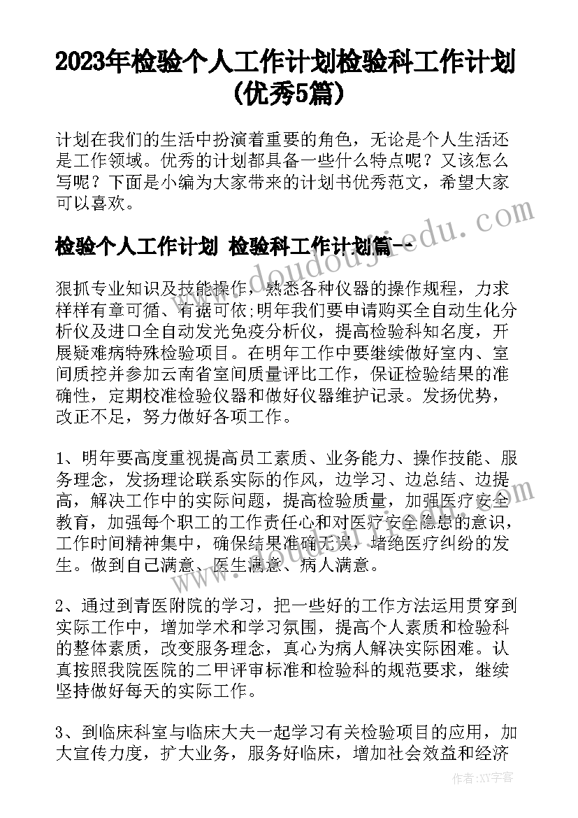 2023年检验个人工作计划 检验科工作计划(优秀5篇)