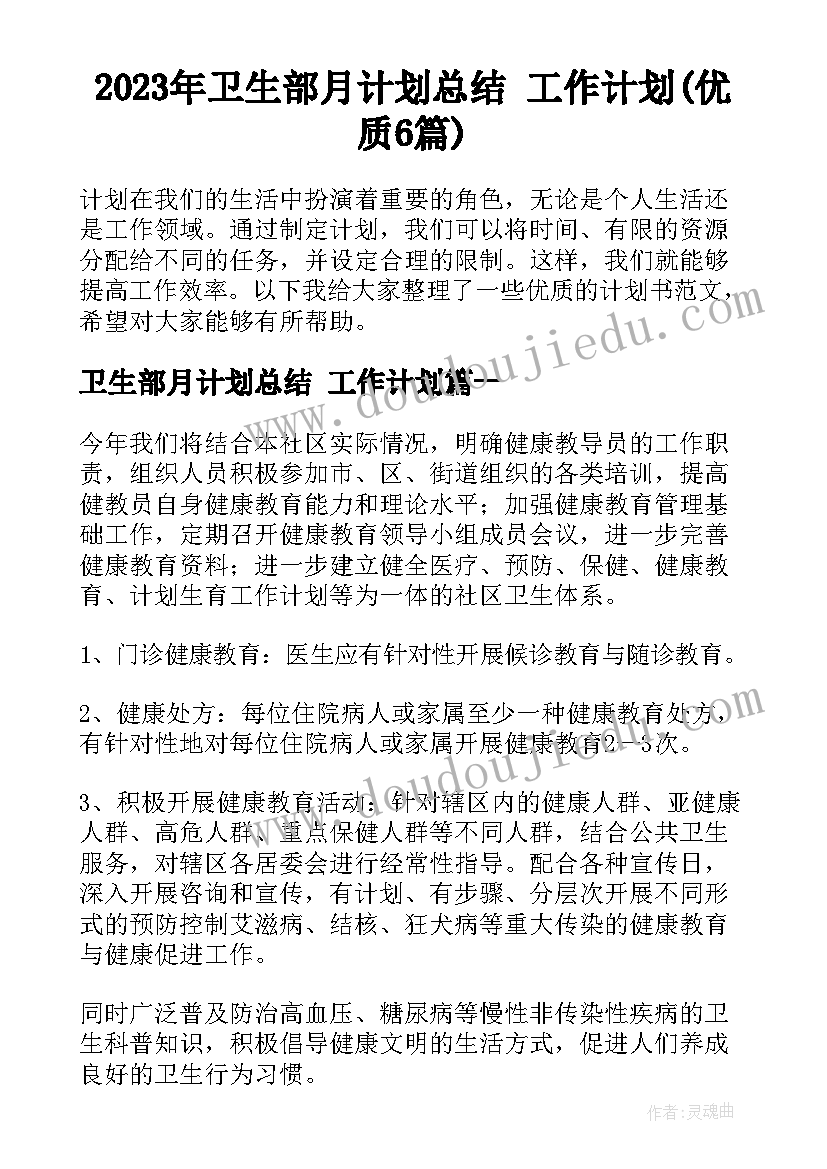 2023年卫生部月计划总结 工作计划(优质6篇)