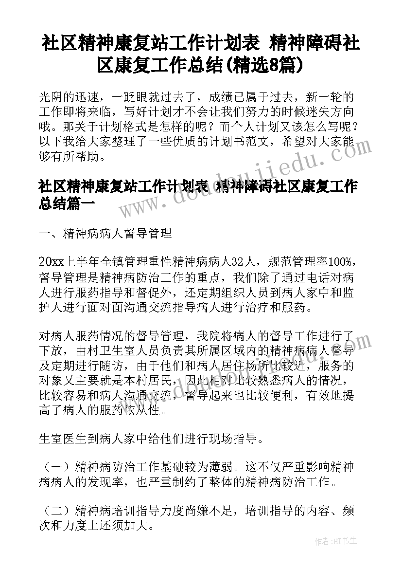 社区精神康复站工作计划表 精神障碍社区康复工作总结(精选8篇)