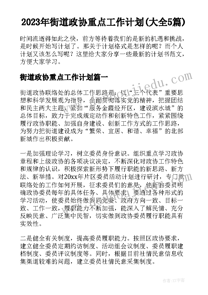 2023年街道政协重点工作计划(大全5篇)