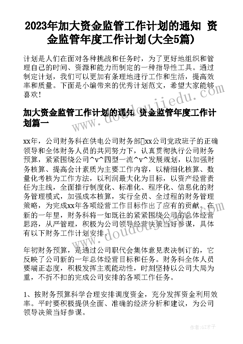 2023年加大资金监管工作计划的通知 资金监管年度工作计划(大全5篇)