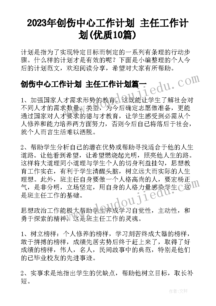 2023年创伤中心工作计划 主任工作计划(优质10篇)