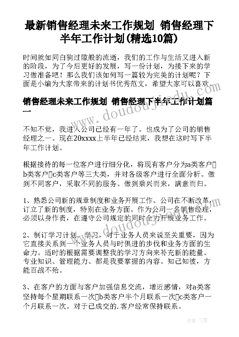 最新销售经理未来工作规划 销售经理下半年工作计划(精选10篇)