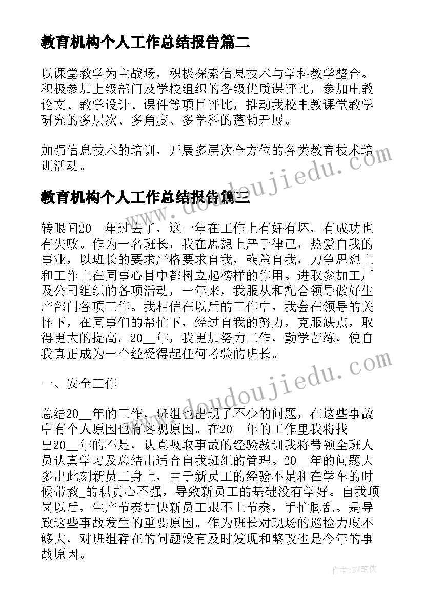 最新教育机构个人工作总结报告(汇总8篇)