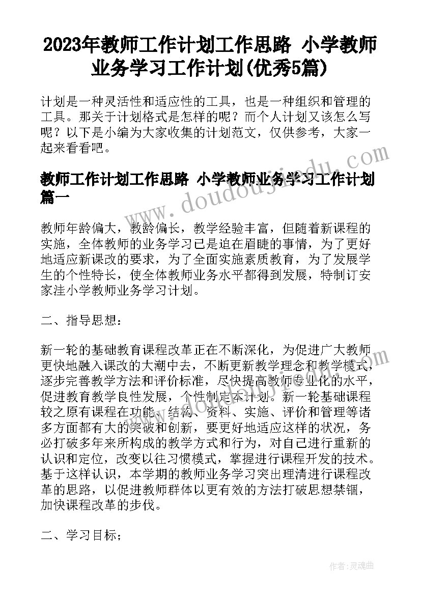 2023年教师工作计划工作思路 小学教师业务学习工作计划(优秀5篇)