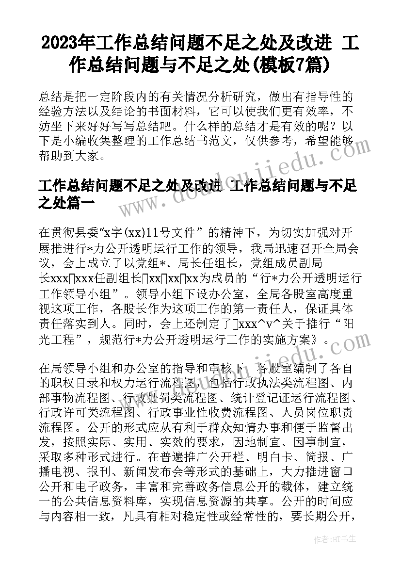 2023年工作总结问题不足之处及改进 工作总结问题与不足之处(模板7篇)