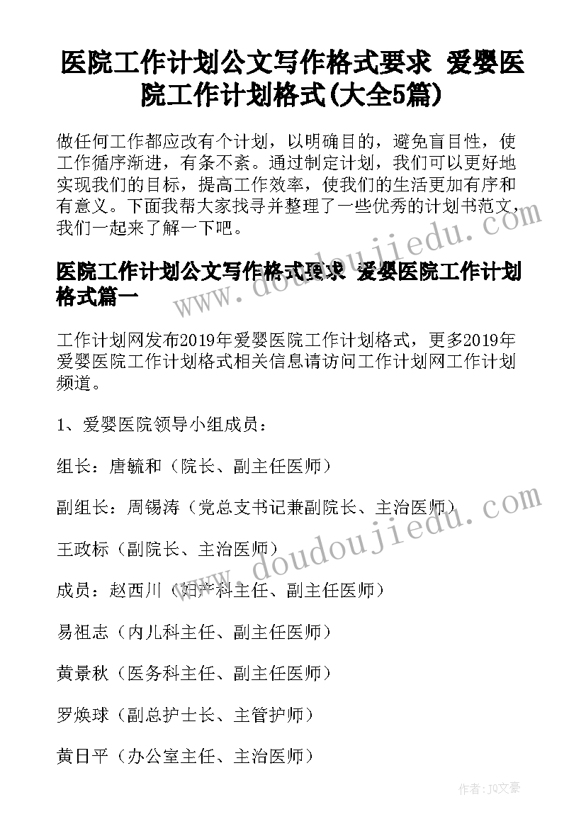 医院工作计划公文写作格式要求 爱婴医院工作计划格式(大全5篇)