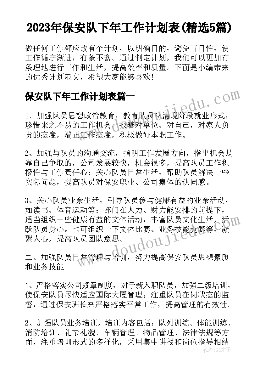 2023年保安队下年工作计划表(精选5篇)