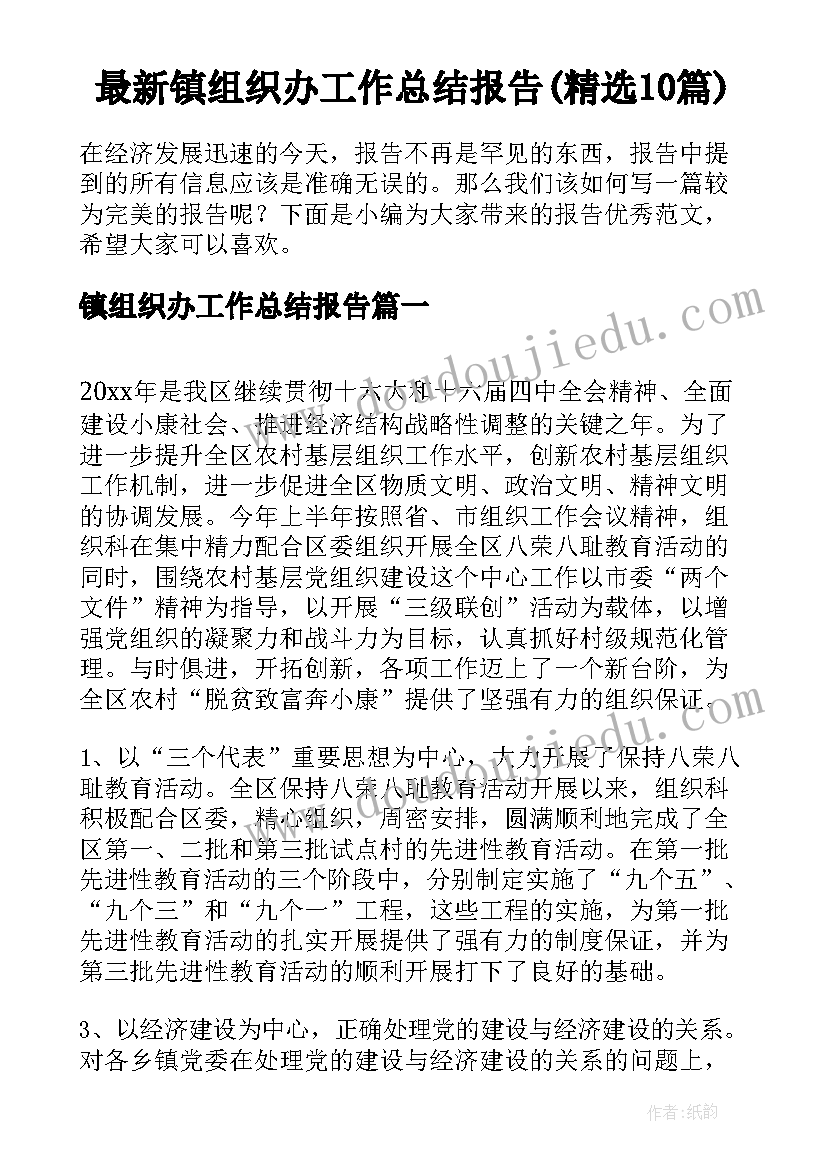 最新镇组织办工作总结报告(精选10篇)