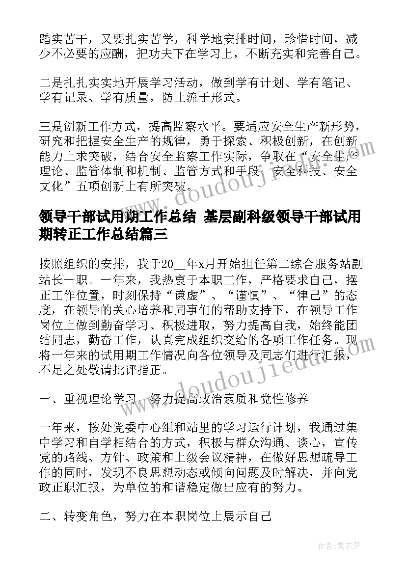 领导干部试用期工作总结 基层副科级领导干部试用期转正工作总结(优秀10篇)