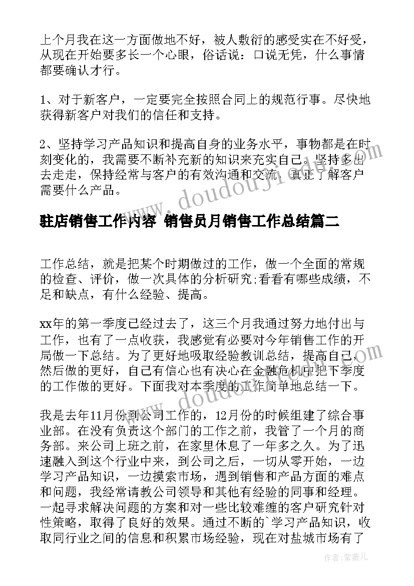 最新驻店销售工作内容 销售员月销售工作总结(模板8篇)