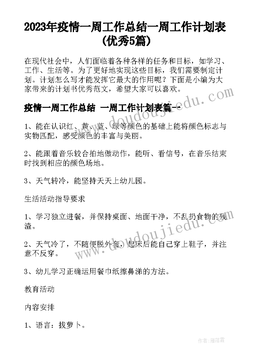 2023年疫情一周工作总结 一周工作计划表(优秀5篇)