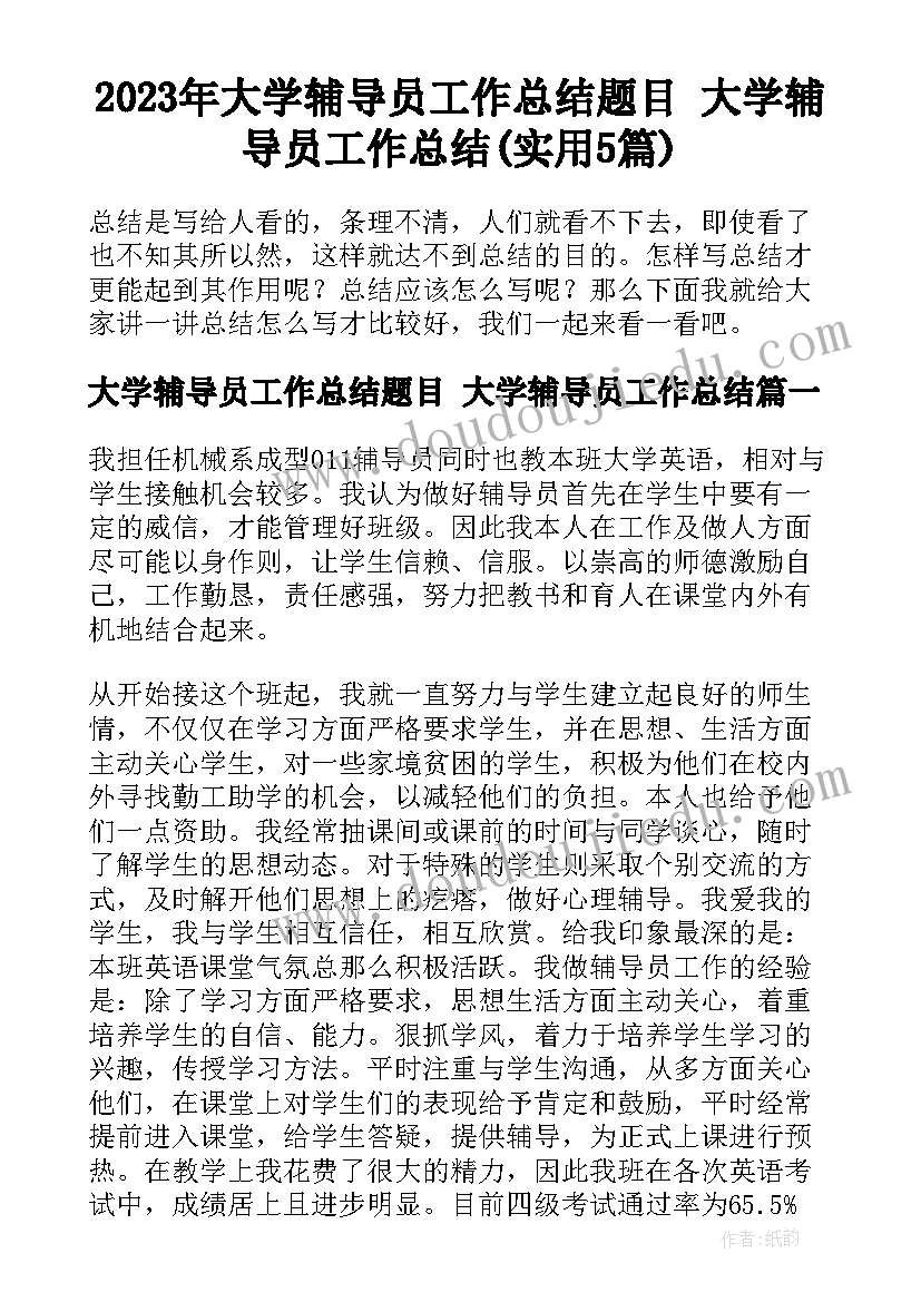 2023年大学辅导员工作总结题目 大学辅导员工作总结(实用5篇)