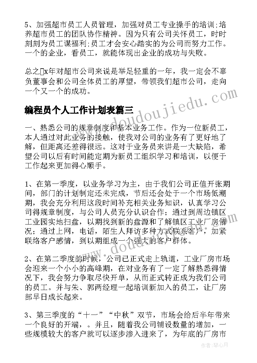 编程员个人工作计划表(模板8篇)