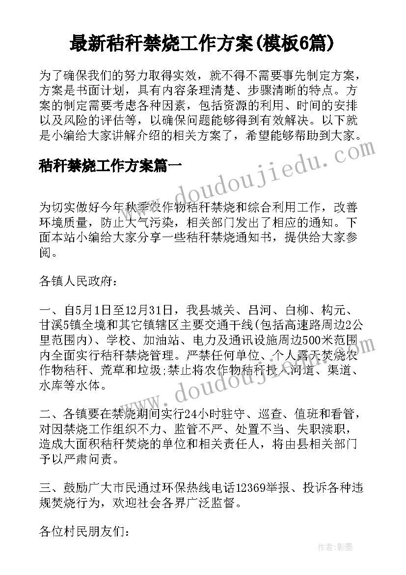 最新秸秆禁烧工作方案(模板6篇)