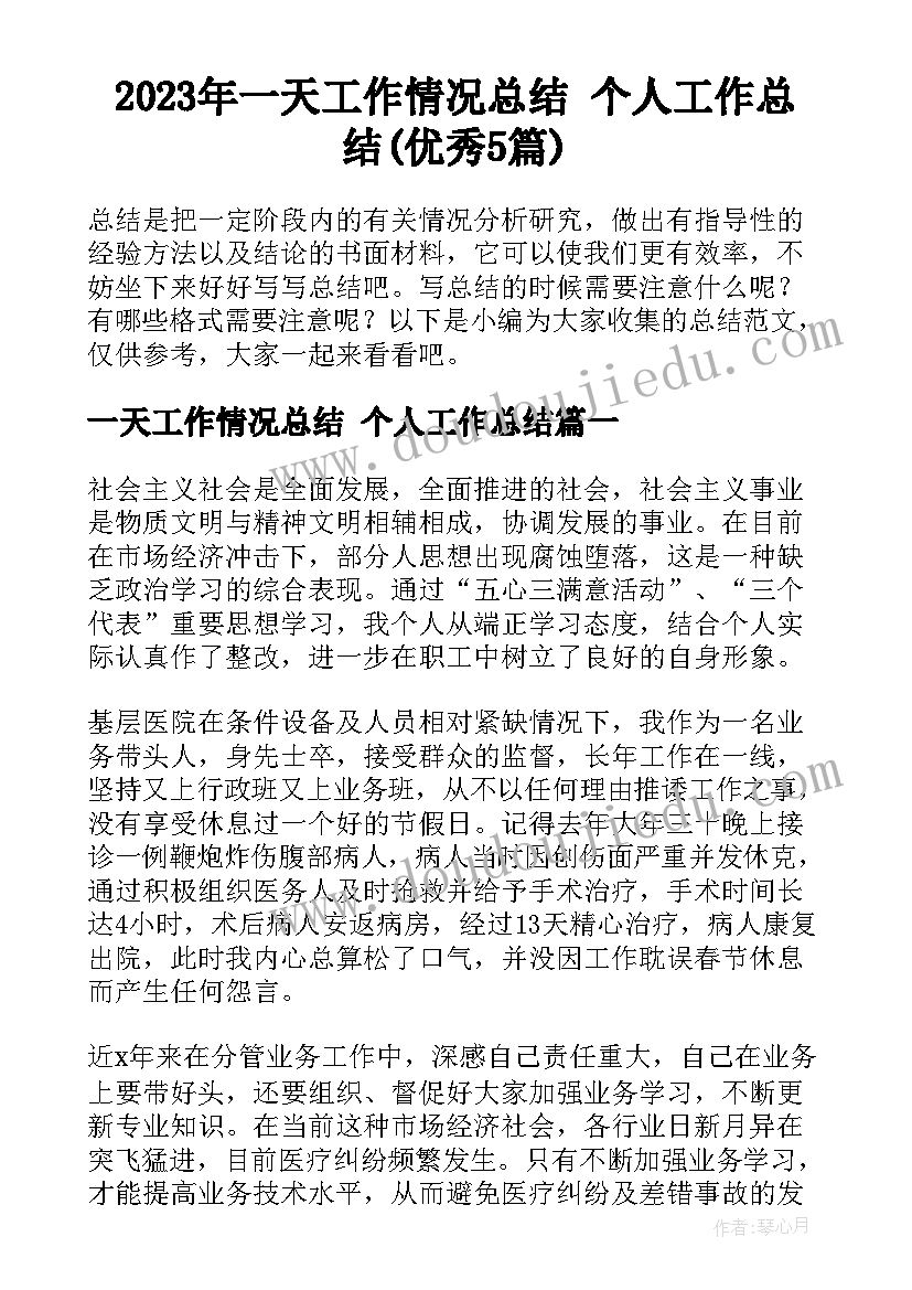 2023年一天工作情况总结 个人工作总结(优秀5篇)