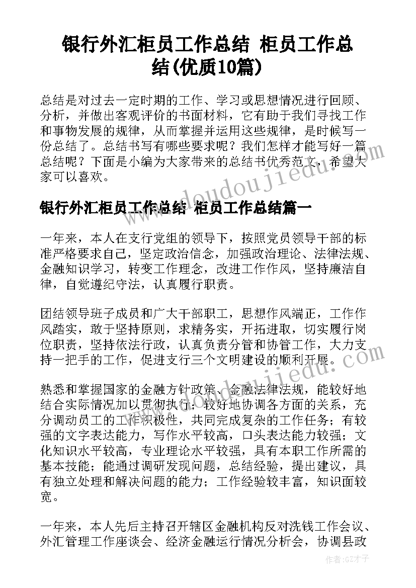 银行外汇柜员工作总结 柜员工作总结(优质10篇)