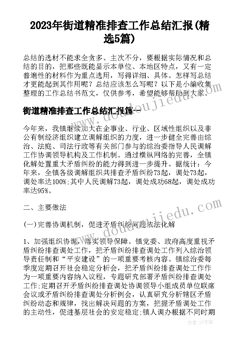 2023年街道精准排查工作总结汇报(精选5篇)