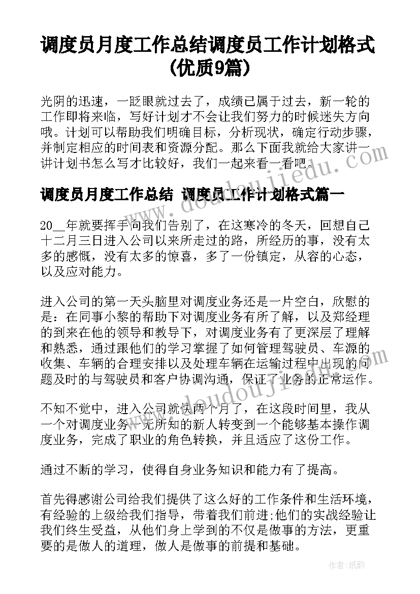 调度员月度工作总结 调度员工作计划格式(优质9篇)