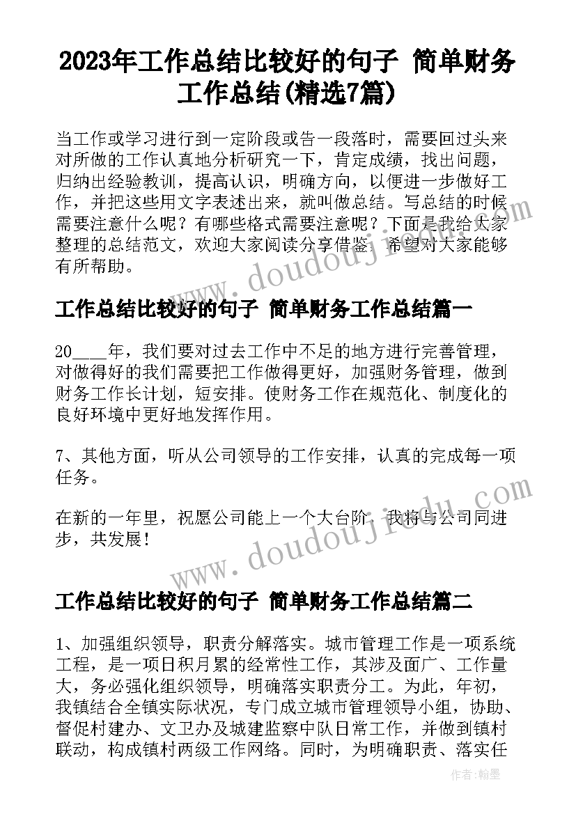 2023年工作总结比较好的句子 简单财务工作总结(精选7篇)