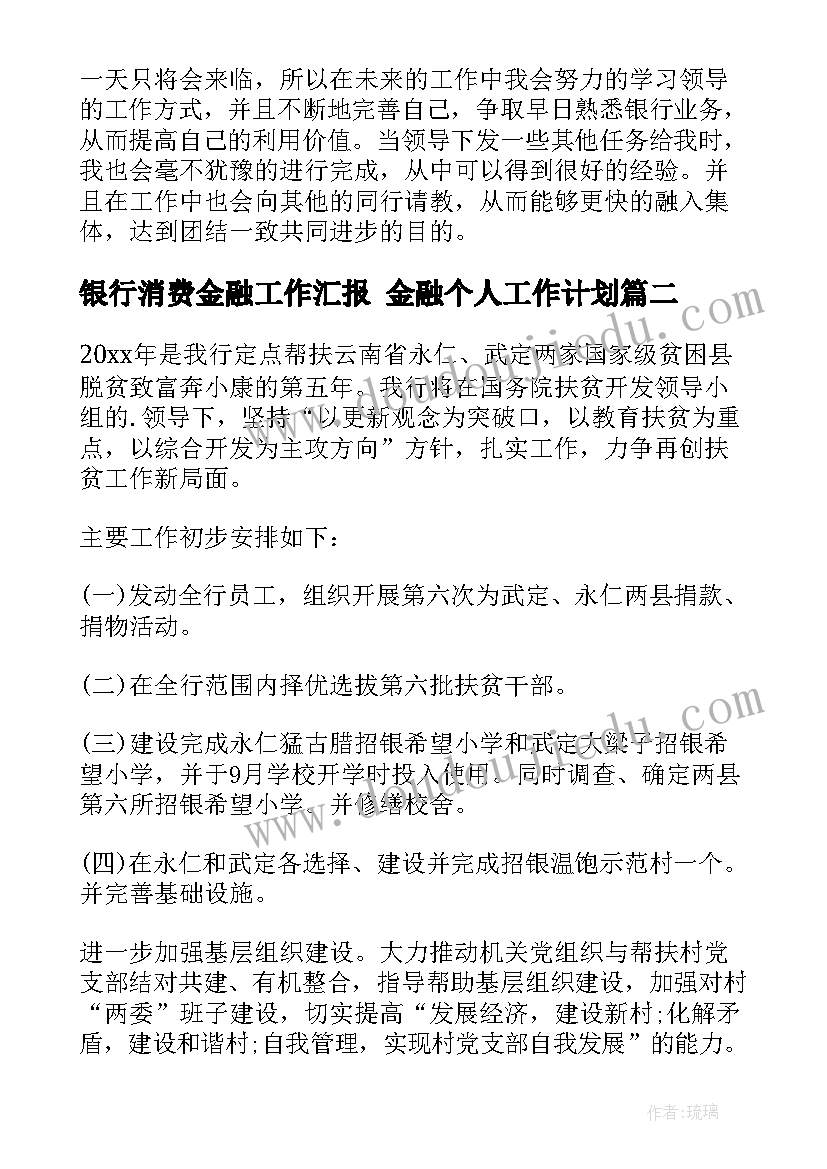 2023年银行消费金融工作汇报 金融个人工作计划(实用5篇)