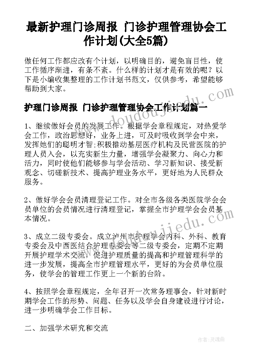 最新护理门诊周报 门诊护理管理协会工作计划(大全5篇)