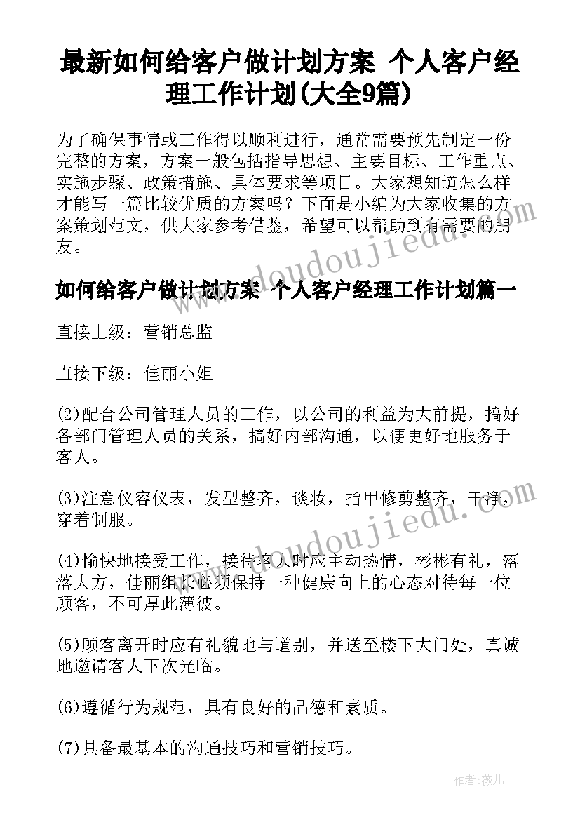 最新如何给客户做计划方案 个人客户经理工作计划(大全9篇)