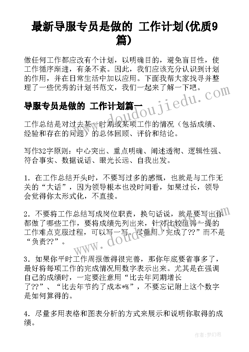 最新导服专员是做的 工作计划(优质9篇)