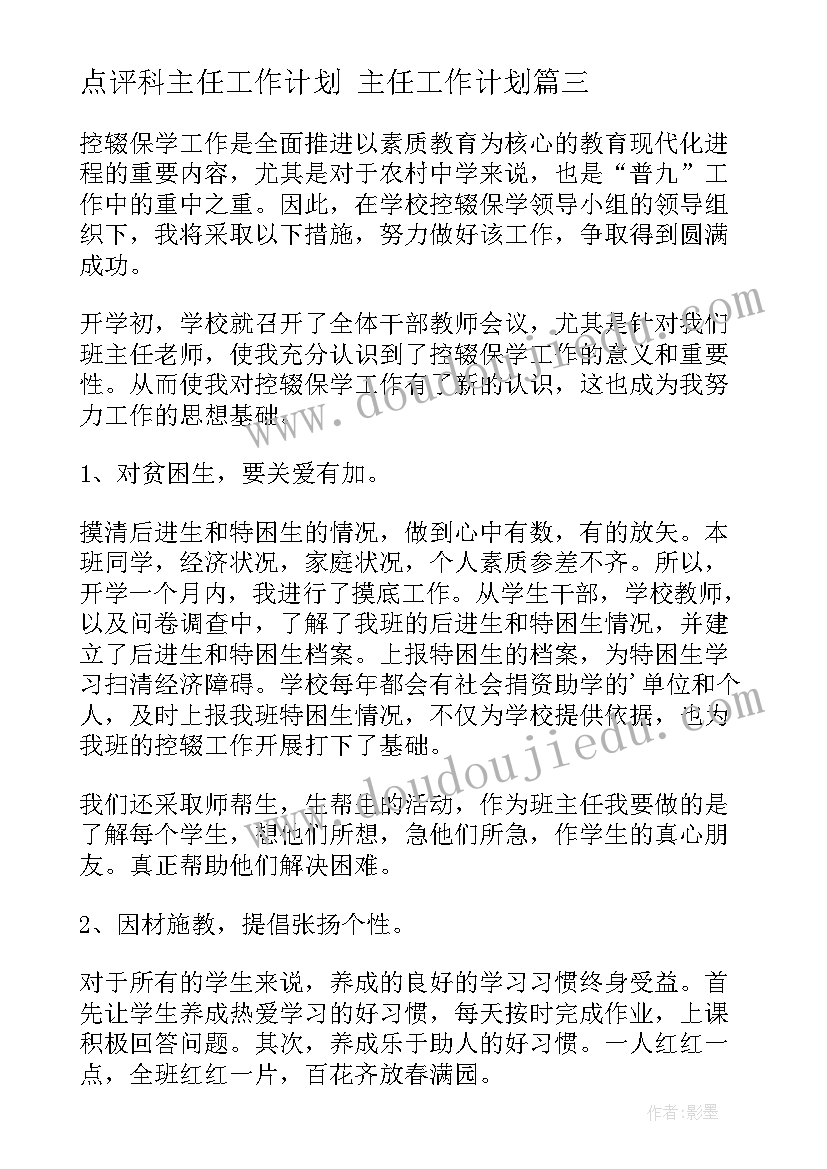 点评科主任工作计划 主任工作计划(实用7篇)