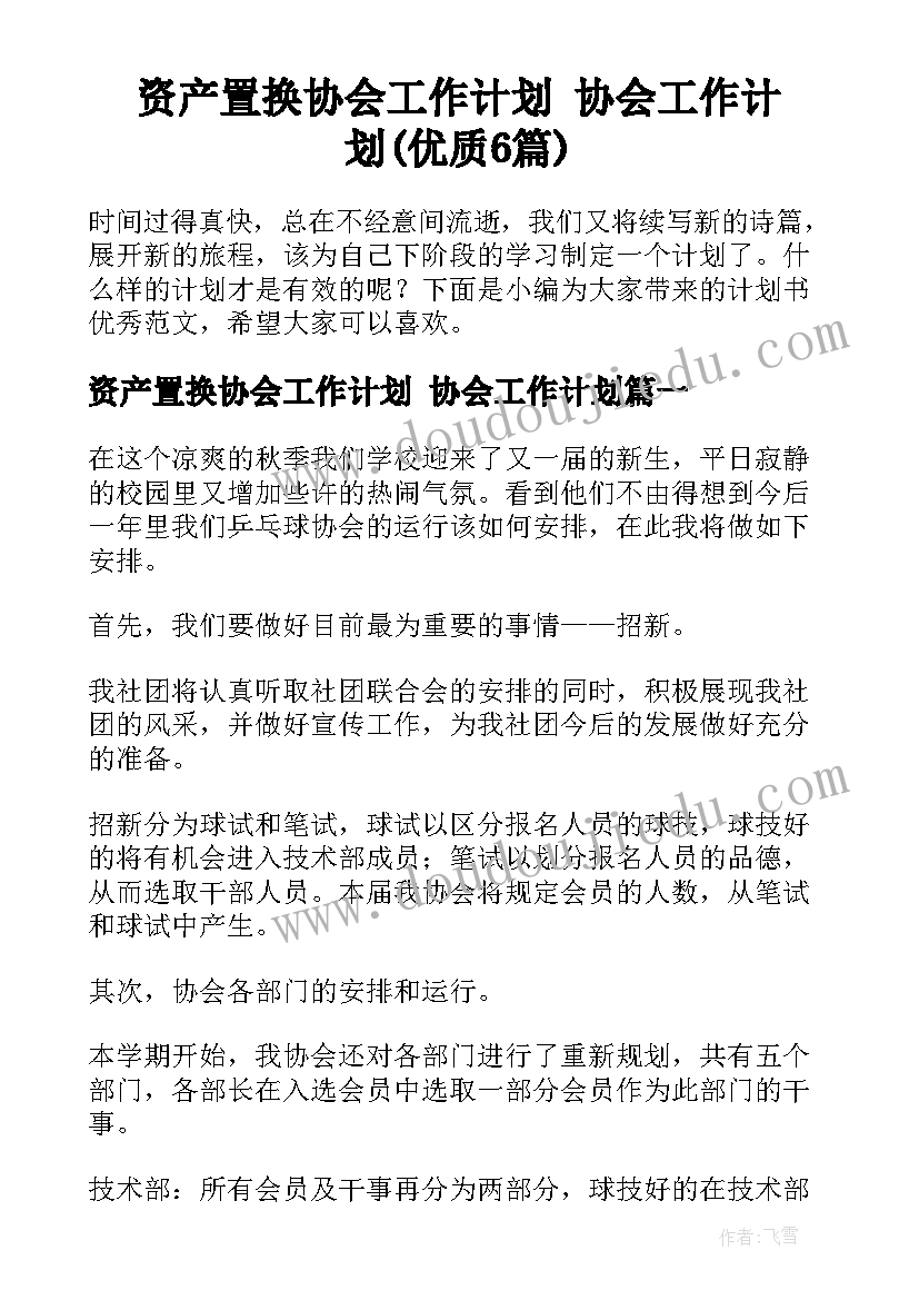 资产置换协会工作计划 协会工作计划(优质6篇)