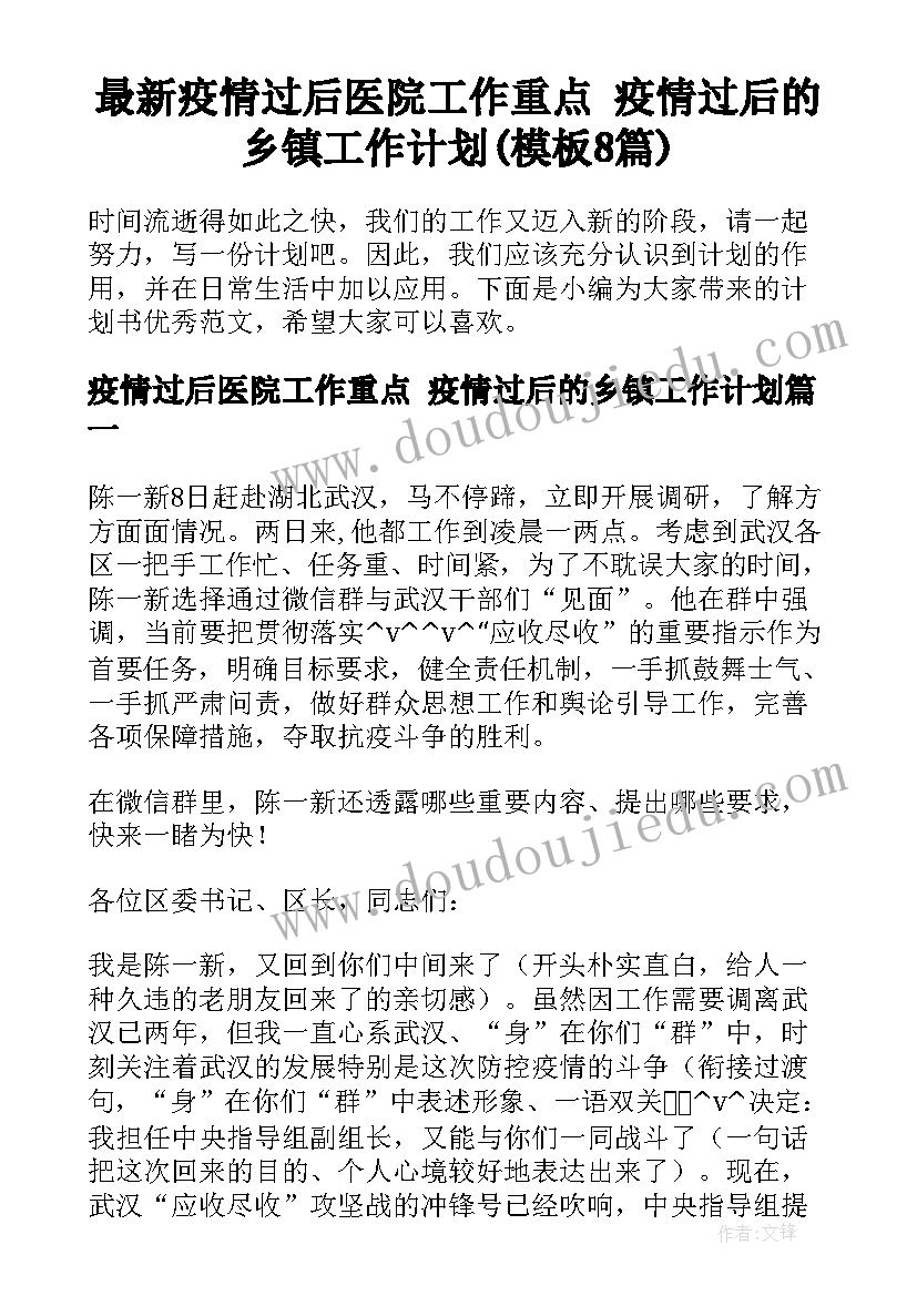 最新疫情过后医院工作重点 疫情过后的乡镇工作计划(模板8篇)