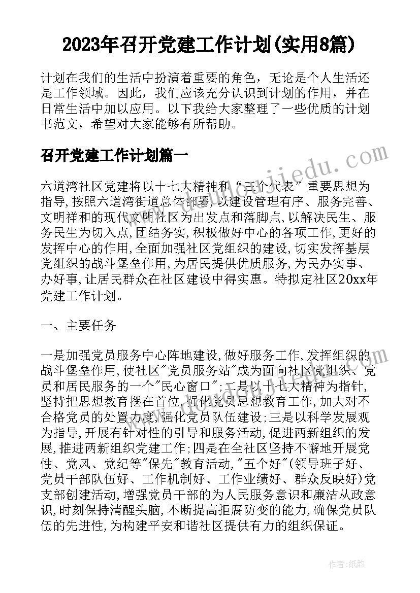 2023年召开党建工作计划(实用8篇)