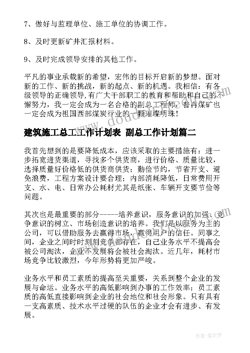 建筑施工总工工作计划表 副总工作计划(通用10篇)