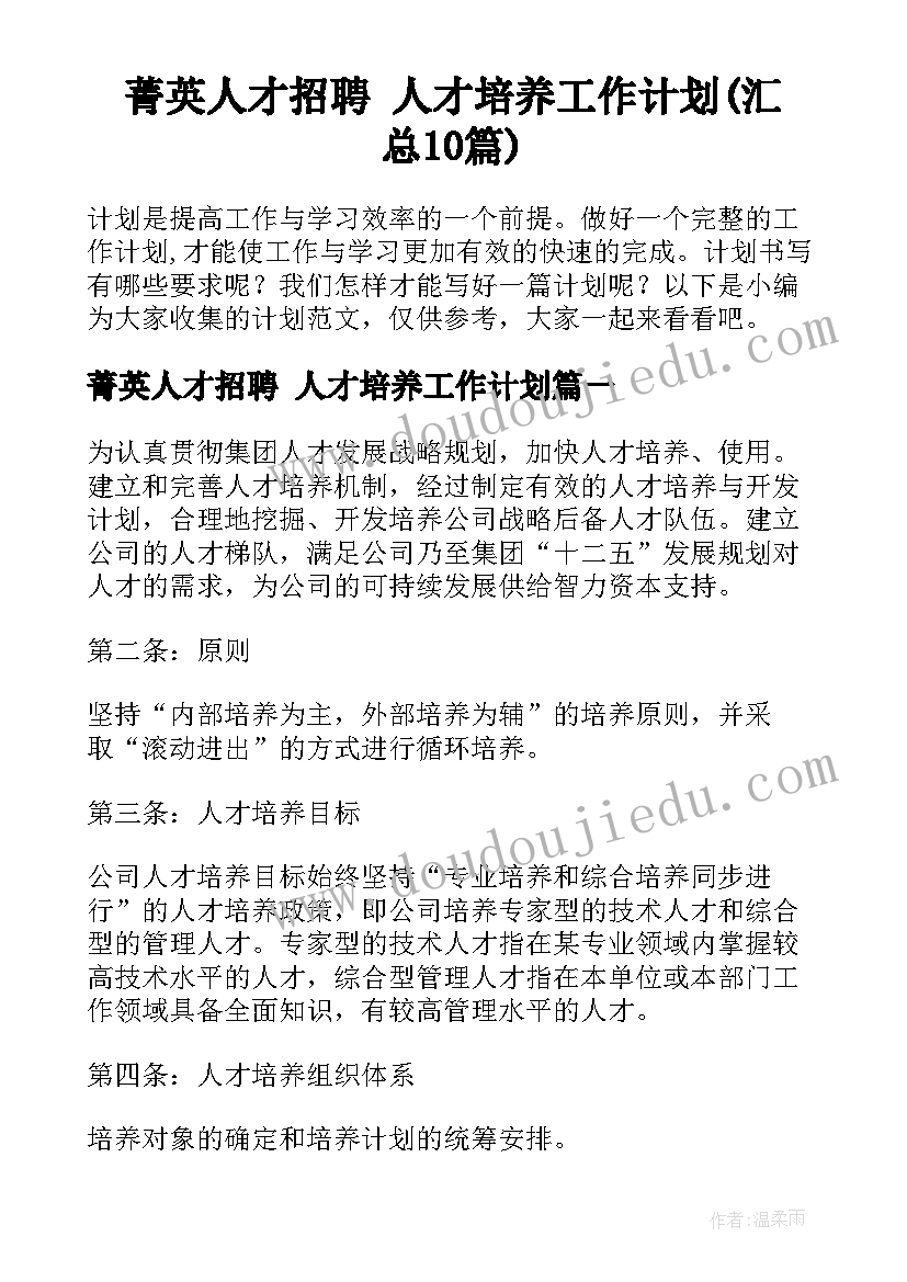 菁英人才招聘 人才培养工作计划(汇总10篇)