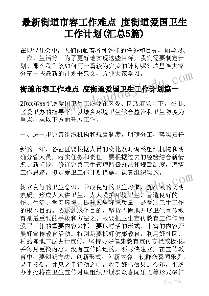 最新街道市容工作难点 度街道爱国卫生工作计划(汇总5篇)